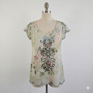 Mushka by Sienna Rose Sheer Bohemian Y2k Blouse Womens Med Embroidered Scallop
